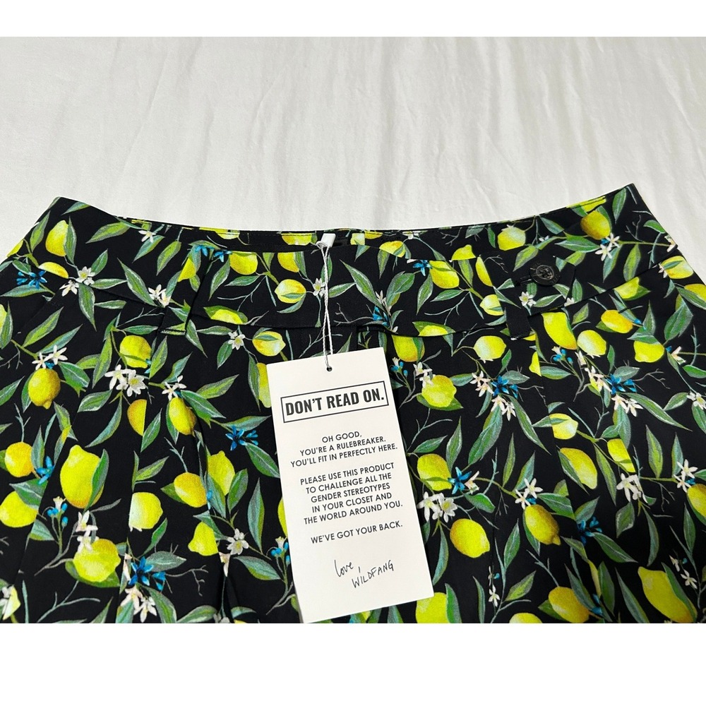 Wildfang Women The Empower Wide Leg Trouser Lemon Print Black Yellow Pants Sz 10 - Picture 4 of 7
